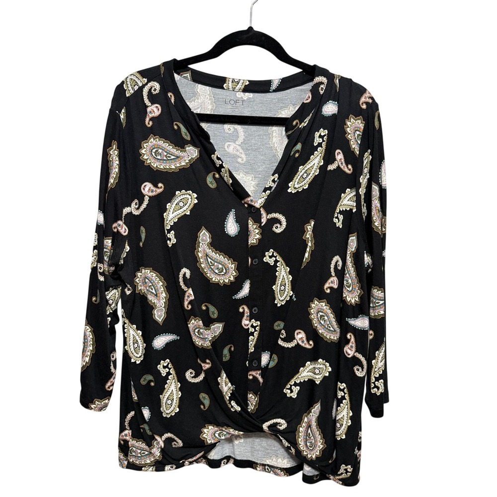 LOFT Outlet Top Women XL Black Paisley Twist Front V Neck Long Sleeve Whimsigoth